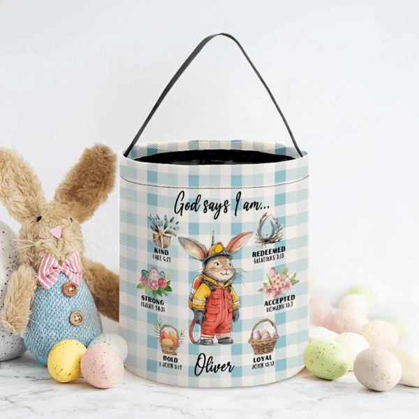 Personalized Variety of Cute Rabbit Careers God Said I Am Reusable Bucket Bag with Handle and Name Easter Egg Hunt Candy Storage Gift for Kids