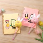 Personalized Cartoon Character Easter Egg Initial A5 Lined Page Spiral Notebook with Name and Bunny Pom Pen Easter Back to School Gift for Kids