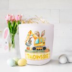 Conejito de Pascua personalizado Excavadora Cesta de Pascua de lona con nombre Huevos de Pascua Caza Fiesta de Regalo para Niños Niñas
