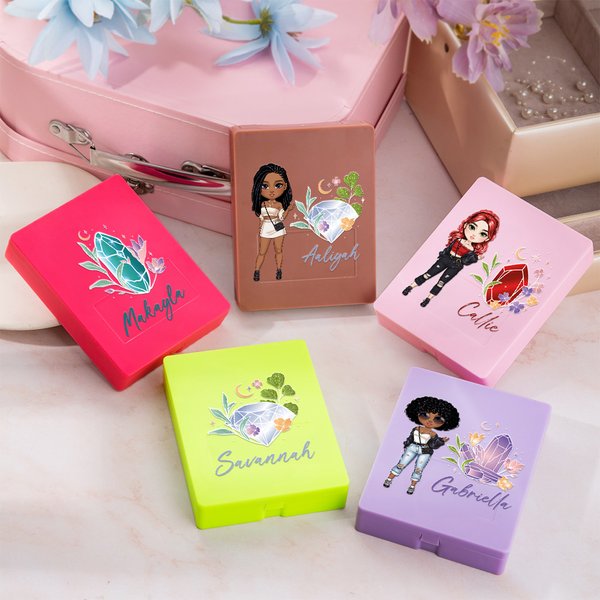 Personalized Fashion Cartoon Girl Birthstone Name 5 Pcs Makeup Brush Set with Travel Storage Box Birthday Bridesmaid Gift for Women Girls