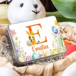 Personalized Cartoon Bunny Boy Girl Floral Eggs Food-Grade Biscuit Storage Tin Box with Initial Name Easter Party Favors Birthday Gift for Kids
