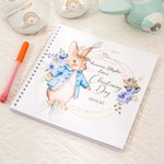 Personalised Floral Peter Rabbit Spiral Christening Guest Book with Clear PVC Linen Cover and 80 Blank Pages Baptism Memory Gift for New Parents