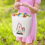 Personalized Bunny Initial Easter Egg Character Canvas Basket with Name Happy Easter Eggs Hunting Birthday Gift for Boys Girls