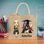 Personalized Graduation Cartoon Bachelor Hat Initial Large Jute Tote Bag with Name Graduation Ceremony Souvenir Travel Accessories Gift for Graduates