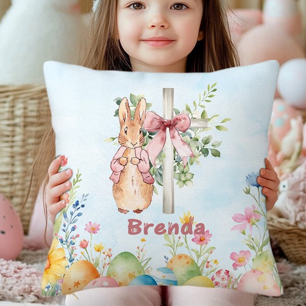 Personalized Floral Cross Peter Rabbit Eggs Soft Throw Pillow Cover with Name Home Decor Easter Birthday Baby Shower Gift for Kids Family