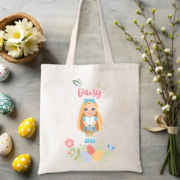 Personalized Floral Easter Eggs Cartoon Character Bunny Large Canvas Tote Bag with Name Birthday Easter Party Gift for Girls