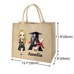 Personalized Graduation Cartoon Bachelor Hat Initial Large Jute Tote Bag with Name Graduation Ceremony Souvenir Travel Accessories Gift for Graduates