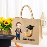 Personalized Graduation Cartoon Bachelor Hat Initial Large Jute Tote Bag with Name Graduation Ceremony Souvenir Travel Accessories Gift for Graduates