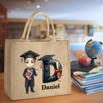 Personalized Graduation Cartoon Bachelor Hat Initial Large Jute Tote Bag with Name Graduation Ceremony Souvenir Travel Accessories Gift for Graduates