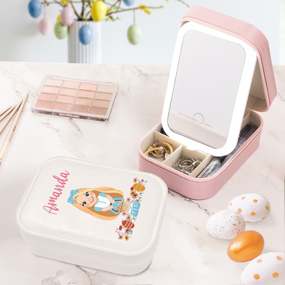 Boîte à bijoux de voyage personnalisée avec nom et miroir de maquillage LED à couleurs changeantes Cadeau de Pâques pour filles