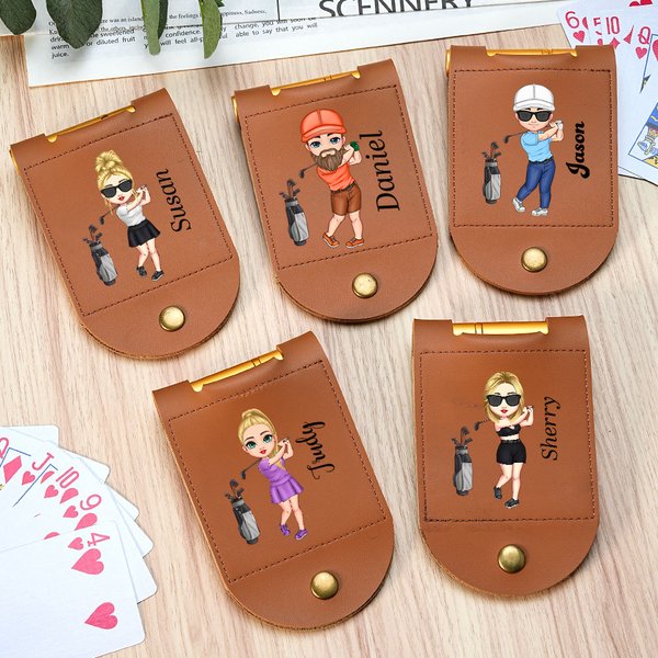 Personalised Cartoon Golf Character Name Portable Leather Cribbage Board Set with 2 Tracks 4 Pegs Travel Party Game Birthday Gift for Cribbage Lovers