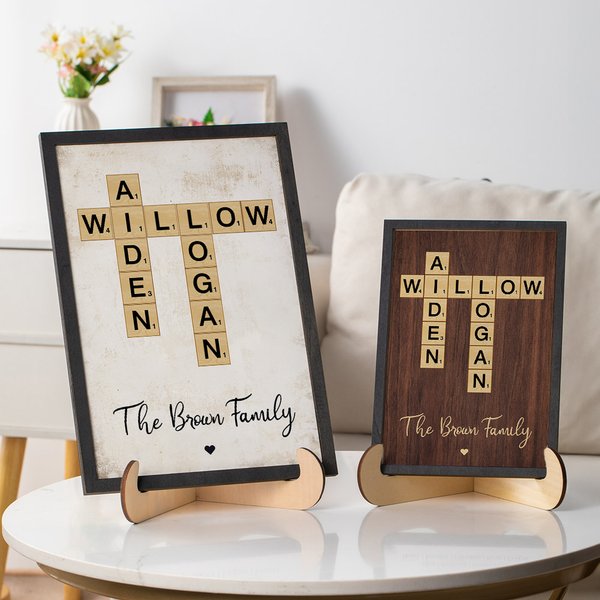Personalised Names Family Crossword Art Wood Frame Painting with Stand Home Decor Housewarming Wedding Gift for Family Friend
