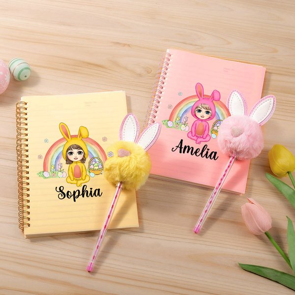 Personalized Easter Bunny Costume Character Eggs Rainbow Spiral Notebook and Pom Pom Pen Set with Name Easter Party Favor Gift for Boys Girls