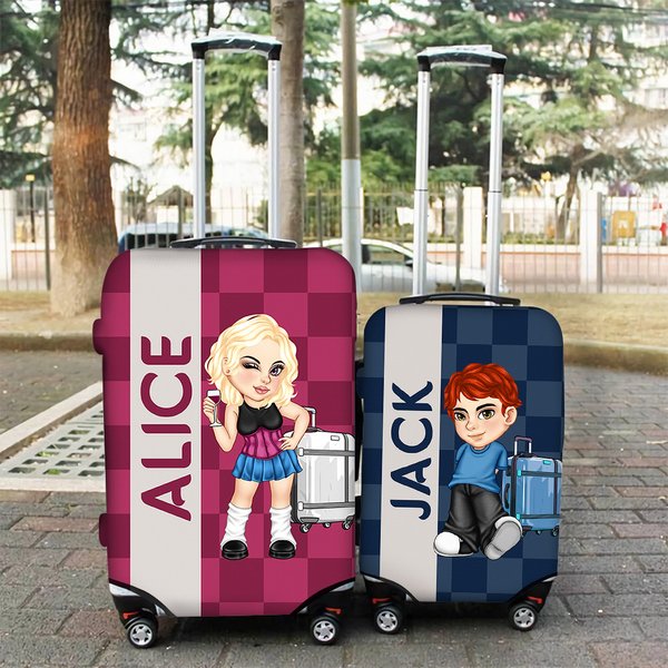 Personalized Y2K Cartoon Character 18-32 Inches Plaid Luggage Cover with Name Travel Accessories Birthday Gift for Men Women