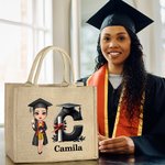 Personalized Graduation Cartoon Bachelor Hat Initial Large Jute Tote Bag with Name Graduation Ceremony Souvenir Travel Accessories Gift for Graduates