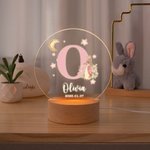 Personalisierte Regenbogen Initial Floral Peter Rabbit LED Nachtlicht mit hölzernen Basis und Name Datum Kinderzimmer Dekoration Geburtstag Baby Dusche Geschenk für Kinder