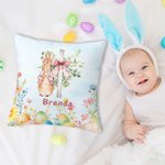 Personalized Floral Cross Peter Rabbit Eggs Soft Throw Pillow Cover with Name Home Decor Easter Birthday Baby Shower Gift for Kids Family