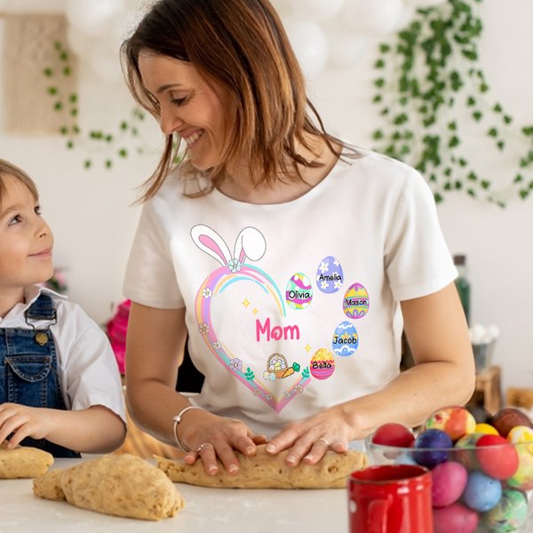 Personnalisé 1-12 Noms Oeufs de Pâques Lapin Coeur T-shirt Sweatshirt Pâques Fête des mères Cadeau pour Maman Grand-mère