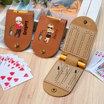 Personalised Cartoon Golf Character Name Portable Leather Cribbage Board Set with 2 Tracks 4 Pegs Travel Party Game Birthday Gift for Cribbage Lovers