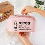 Personalized Seester Definition Cartoon Leather Wide Opening Makeup Bag with Name Portable Travel Accessories Birthday Gift for Sisters Friends