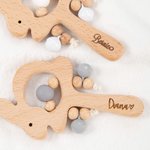 Personalised Cute Rabbit Silicone Beads Wooden Baby Rattle Sensory Toy with Engraved Name Easter Baby Shower Gift for Newborn Baby