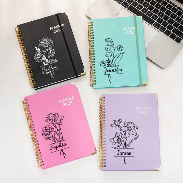 Personalized Line Birth Flower Name 2025 Planner A5 Notebook with Weekly Monthly Planning Pages and Tabs New Year Birthday Gift for Colleagues Friends