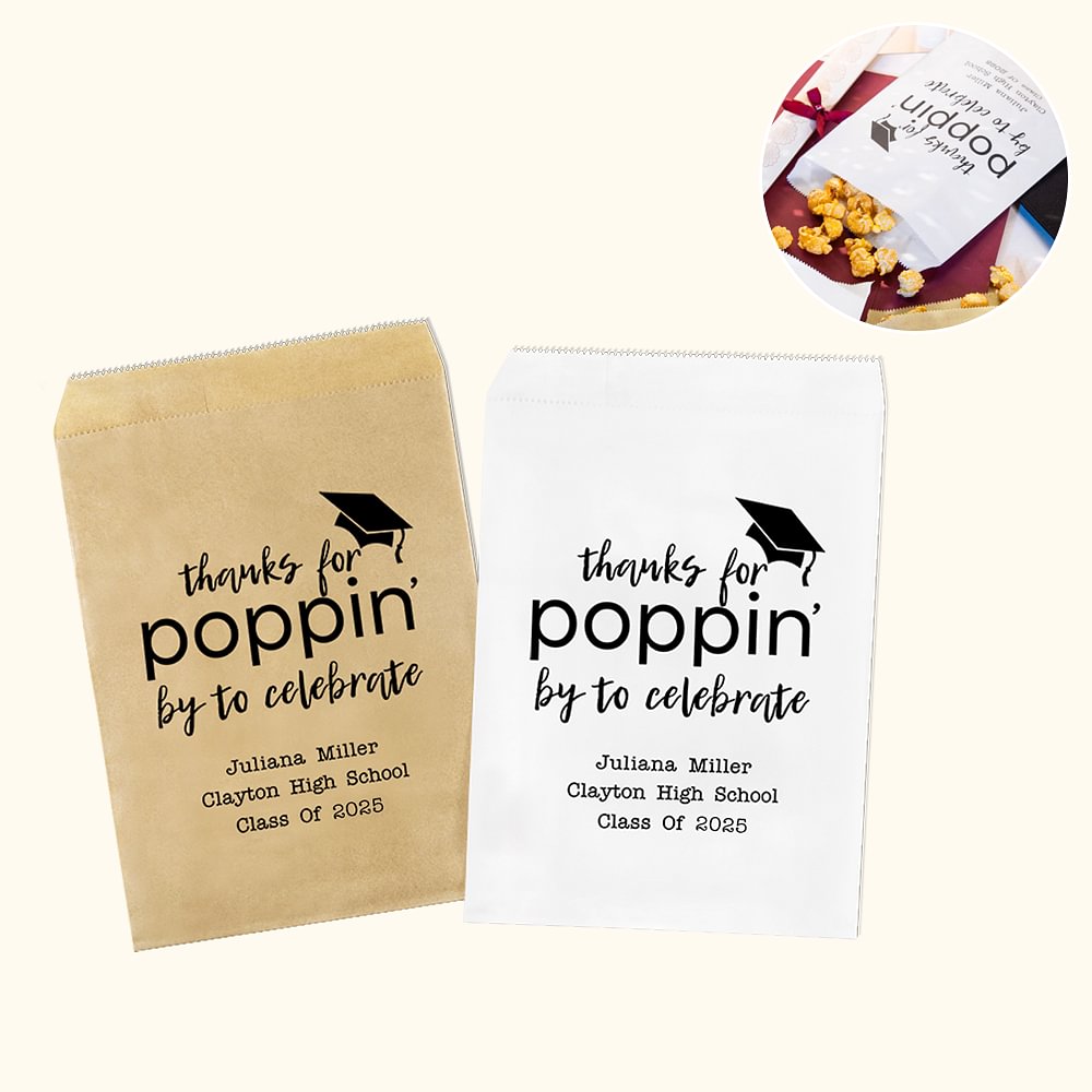 Lot de 20 Sacs Pop-corn Biscuits Personnalisés avec Nom Diplômé École Année Thanks For Poppin By To Celebrate Cadeau Graduation pour Étudiant Diplômé