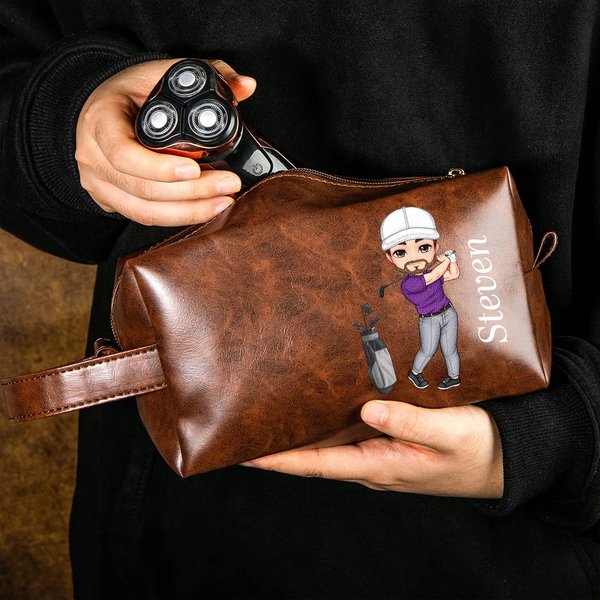 Trousse de toilette en cuir imperméable avec nom et poignée portable Accessoires de voyage Cadeau d'anniversaire pour les amateurs de golf