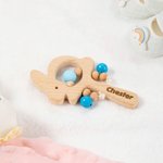 Personalised Cute Rabbit Silicone Beads Wooden Baby Rattle Sensory Toy with Engraved Name Easter Baby Shower Gift for Newborn Baby