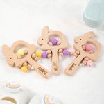 Personalised Cute Rabbit Silicone Beads Wooden Baby Rattle Sensory Toy with Engraved Name Easter Baby Shower Gift for Newborn Baby