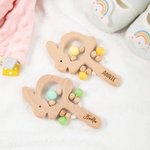 Personalised Cute Rabbit Silicone Beads Wooden Baby Rattle Sensory Toy with Engraved Name Easter Baby Shower Gift for Newborn Baby