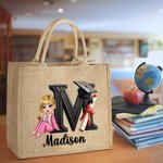 Personalized Cartoon Grad Hat Girl Initial Large Jute Tote Bag with Name Graduation Souvenir Birthday Gift for Women