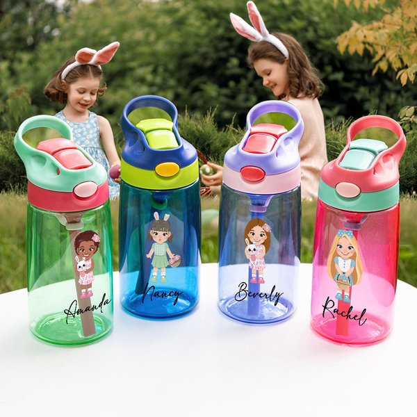 Botella de agua de 16 oz con pajita y tapa antiderrame personalizada con el nombre del personaje de dibujos animados Regalo de cumpleaños para niñas