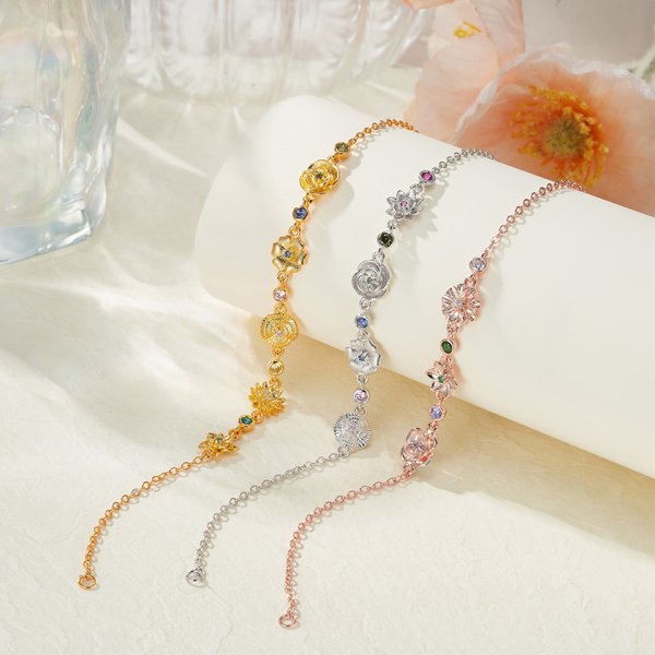 Personalisierte zierliche 1-5 Geburt Blume Birthstone gemischte Charme Armband Familie Schmuck Muttertag Jahrestag Geburtstag Geschenk für Frauen