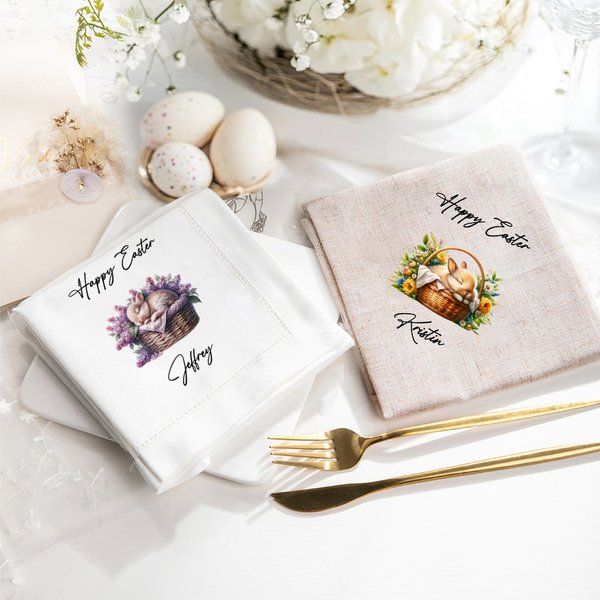 Personalized Sleeping Bunny in A Basket Linen Reusable Napkin with Name Table Decor Easter Housewarming Gift for Family