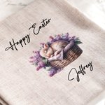 Personalized Sleeping Bunny in A Basket Linen Reusable Napkin with Name Table Decor Easter Housewarming Gift for Family