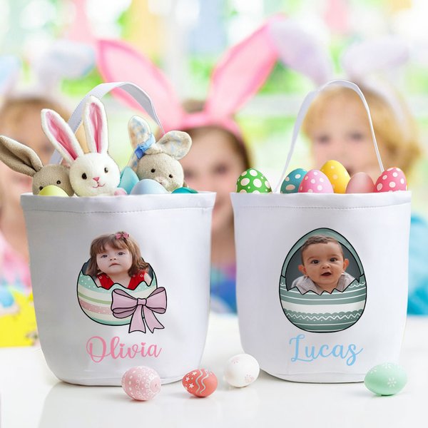 Personalisierte Foto Craked Broken Eggshell Bow Osterei Korb mit Namen Ostern Party Geburtstag Geschenk für Jungen Mädchen
