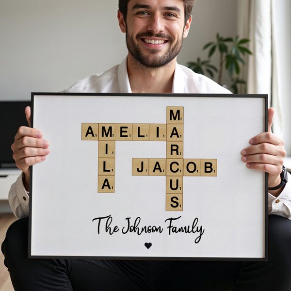 Personalized Family Crossword Puzzle Art Canvas Poster Framed Frameless Painting with Name and Title Home Decor Housewarming Gift for Family Friends