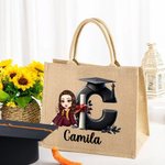 Personalized Cartoon Grad Hat Girl Initial Large Jute Tote Bag with Name Graduation Souvenir Birthday Gift for Women