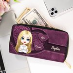 Personalized Retro Heart Cartoon Character PU Leather Long Wallet with 1-8 Names and with Multiple Compartments Birthday Mother's Day Gift for Women
