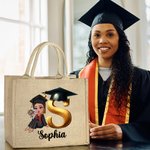 Personalized Cartoon Grad Hat Girl Initial Large Jute Tote Bag with Name Graduation Souvenir Birthday Gift for Women