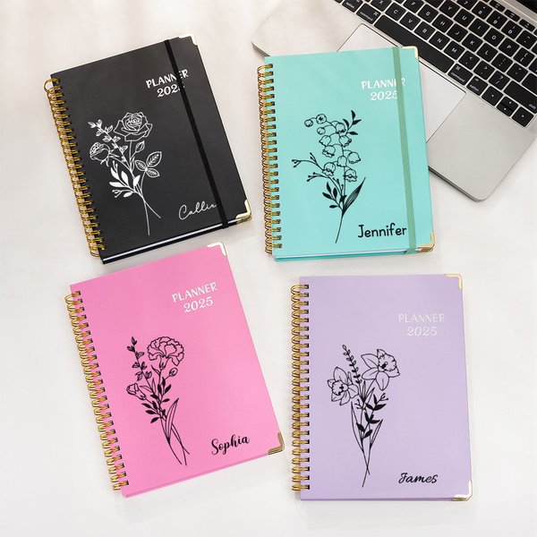 Personalized Complex Lines Birth Flower 2025 A5 Calendar Planner Notebook with Name Birthday Graduation Gift for Colleagues Friends