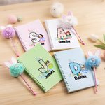 Personalized Easter Eggs Cartoon Character Spiral Notebook and Pom Pom Pen Set with Initial and Name Back to School Easter Gift for Boys Girls