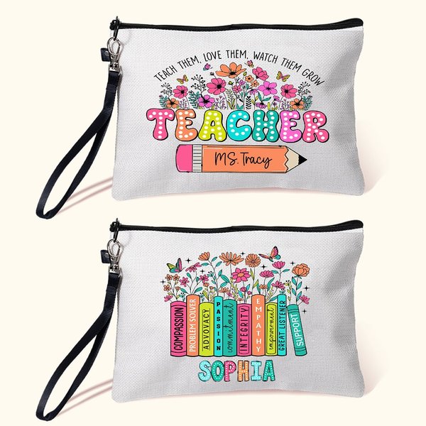 Personalizado Letras de colores Florales Libro Lápiz Lino Wristlet Bolsa de Maquillaje con Nombre Apreciación Vuelta a la Escuela Regalo para el Maestro