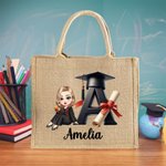 Personalized Cartoon Grad Hat Girl Initial Large Jute Tote Bag with Name Graduation Souvenir Birthday Gift for Women