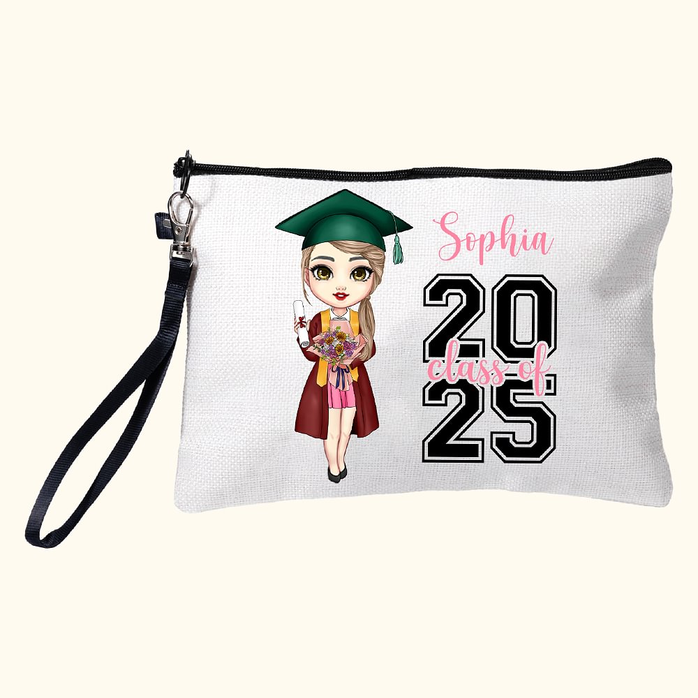 Personnalisé 2025 Cartoon Graduate Character Linen Wristlet Makeup Bag with Name Graduation Ceremony Birthday Gift for Women Girls
