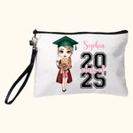 Personalisierte 2025 Cartoon Graduate Charakter Leinen Wristlet Makeup Tasche mit Namen Graduierung Zeremonie Geburtstag Geschenk für Frauen Mädchen