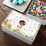 Personalized Floral Easter Eggs Bunny Cartoon Character Biscuit Tin Box with Name Easter Party Storage Accessories Gift for Girls