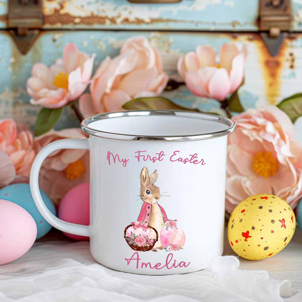 Tasse émaillée personnalisée Happy Easter Bunny Egg 12oz avec nom Fête de Pâques Cadeau d'anniversaire pour enfants Famille