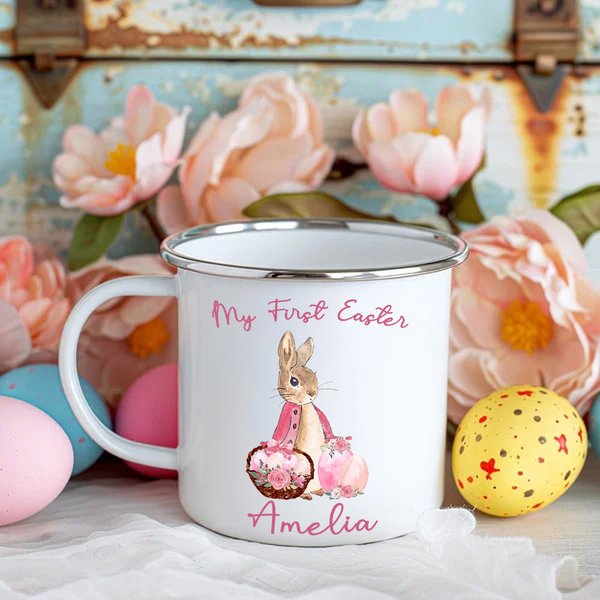 Personalized Happy Easter Bunny Egg 12oz Enamel Mug with Name Easter Party Birthday Gift for Kids Family